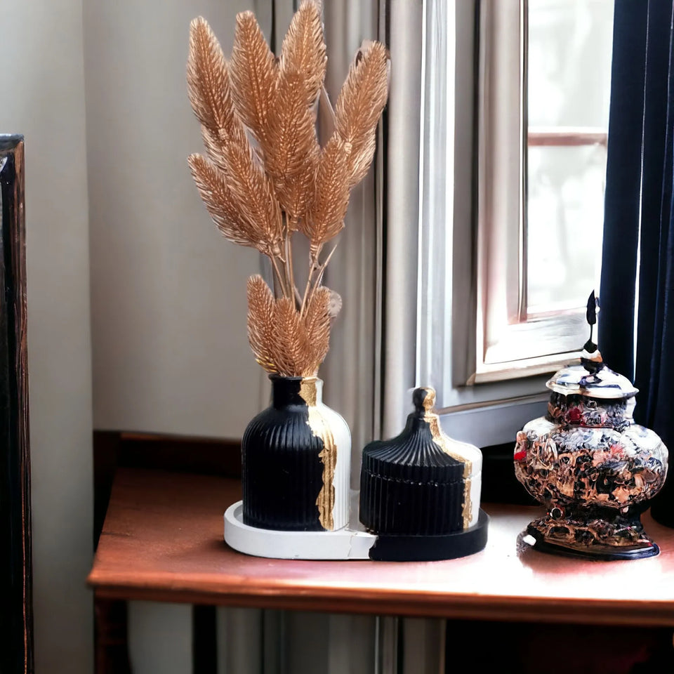 Beautiful Concrete Hand made Vase, Jewellery box and Oval Tray | White and Black colour vase and Oval Tray with gold touch