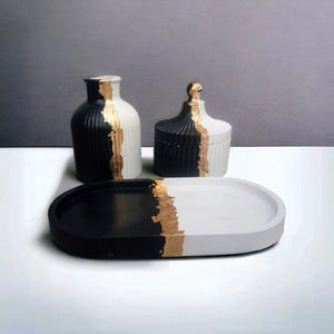 Beautiful Concrete Hand made Vase, Jewellery box and Oval Tray | White and Black colour vase and Oval Tray with gold touch